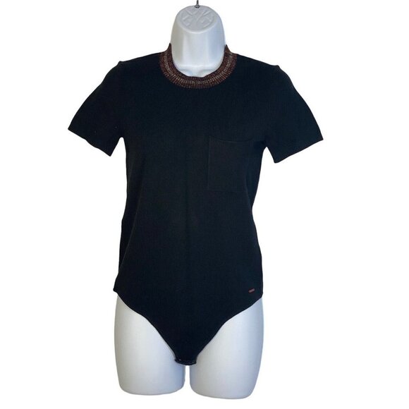N: Philanthropy Womens Black Short Sleeve Designer Crew Neck Bodysuit Small - Picture 1 of 7